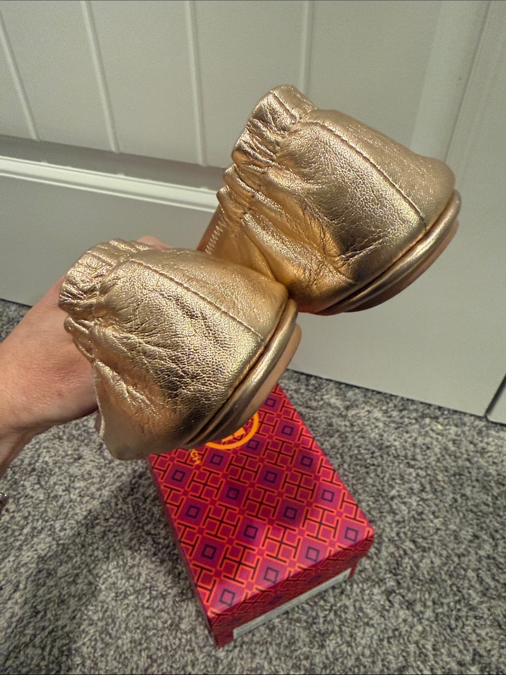 Tory Burch Metallic Rose Gold Minnie travel Ballet Flats size 7.5 - Picture 5 of 8